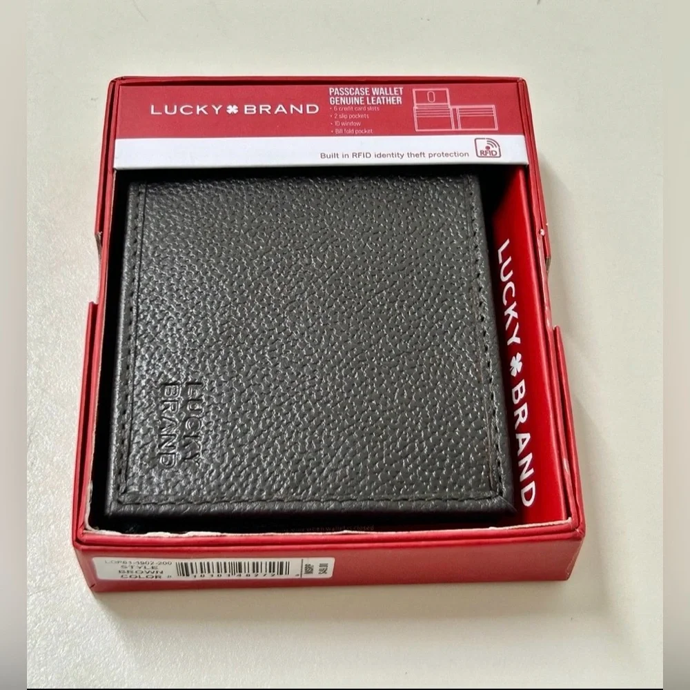Lucky Brand Brown Pebbled Leather RFID Protection Passcase Wallet
